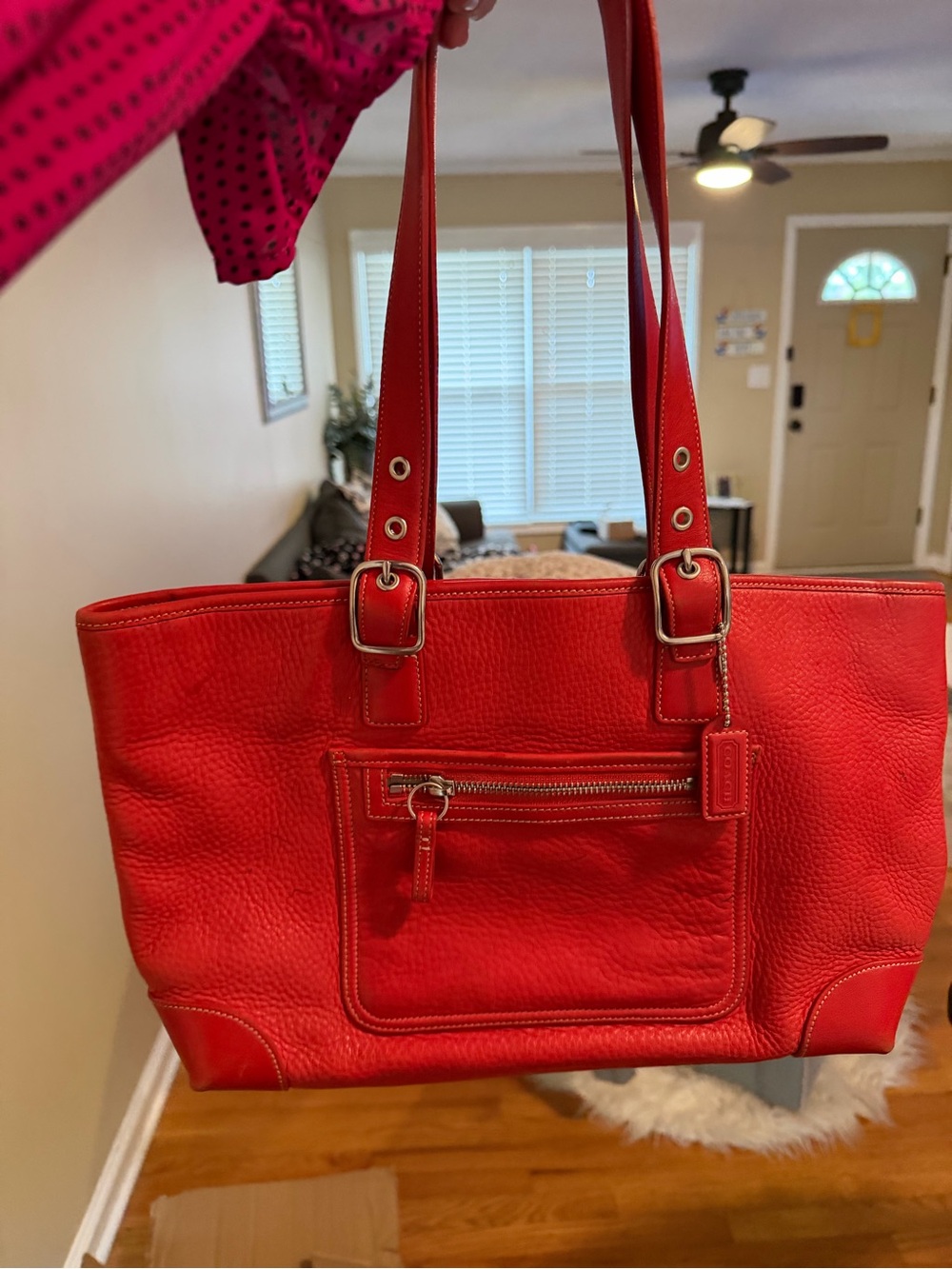 Coach Red Pebbled Leather Tote with Front Zip Pocket